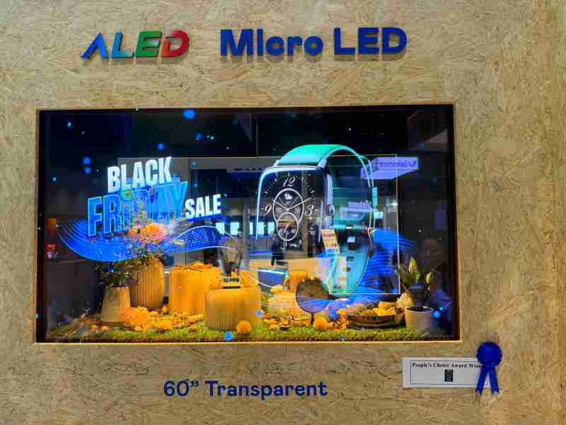 william威廉中文官网60吋高透明度Micro LED显示器获”最佳Micro LED技术应用奖”，，将Micro LED面板透明化之设计特性极致发挥，，以可扩展性无缝拼接技术打造，，具备600 nits全画面亮度、、大于60%穿透率及超过NTSC 110%的优异广色域表现，，可依需求灵活应用于各种场域